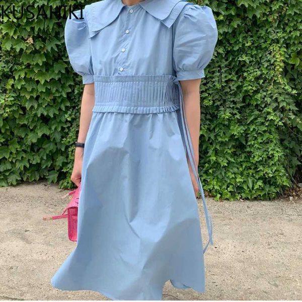 

kusahiki korean chic double-layer collar dresses folds high waist puff sleeve sweet woman dress summer vestidos 6j137 210602, Black;gray