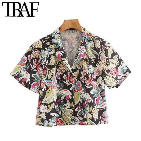 

women fashion floral print button-up loose blouse vintage lapel collar short sleeve female shirts blusas chic 210507, White