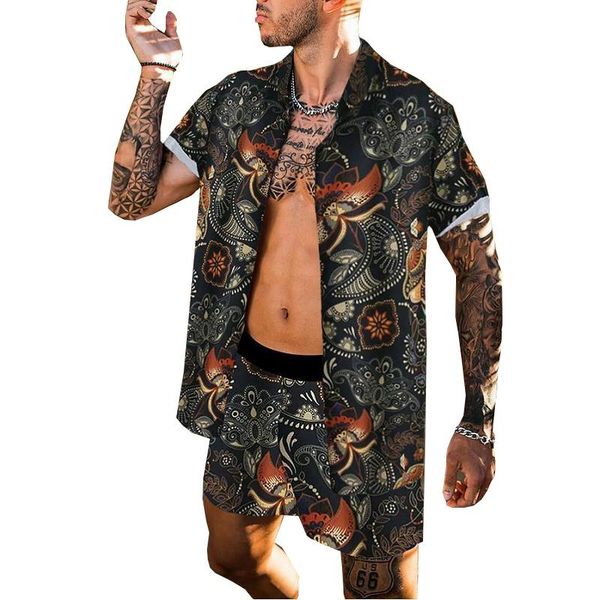 

men's tracksuits mens summer hawaiian shorts sets designer flower printed shirts + beach fashion 2 piece, Gray