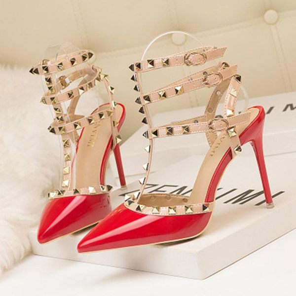 

summer fashion woman high heels sandals red wedding prom strap party shoes rivets hollowed out stiletto pumps dress, Black