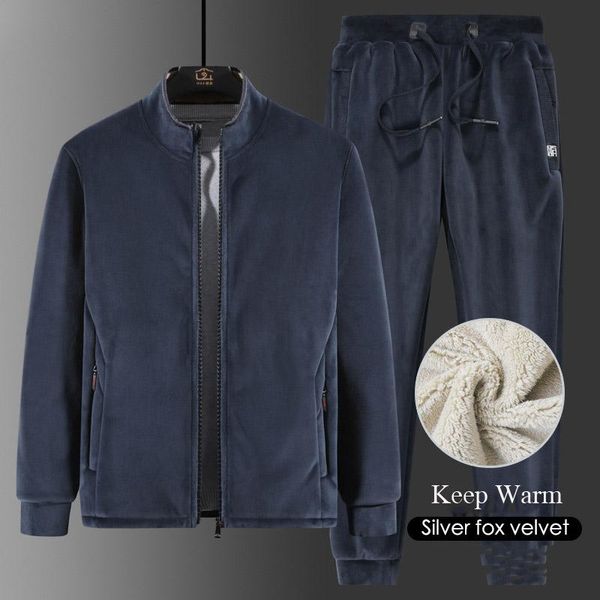 

running sets 2021 lamb wool mens sport suit set 2 piece sweatshirt sweatpants plus velvet 8xl casual warm tracksuit sports jogger, Black;blue