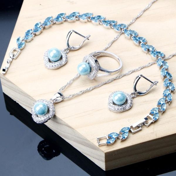 

wedding jewelry sets blue pearl zirconia costume for sweety women silver 925 earrings bracelet ring necklace set 328, Slivery;golden