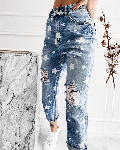

women's jeans european and american wear 2021 star ripped blue print zipper slant pocket