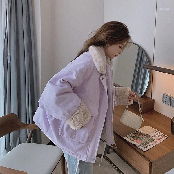 

women's down & parkas college style winter lamb wool women bandage jacket zipper fur collar coat outerwear casaco feminino inverno, Black