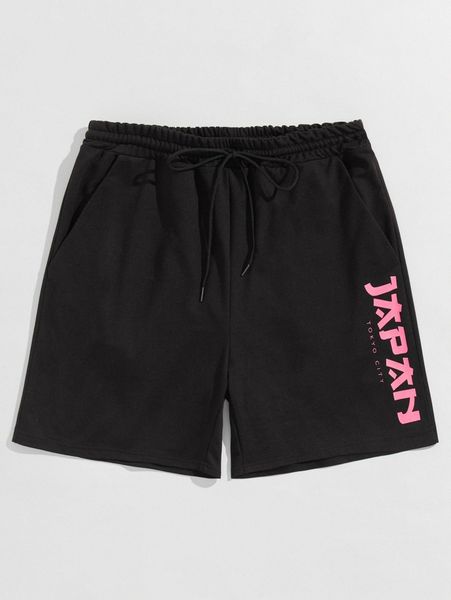 

romwe guys japanese graphic shorts 6'' v4su#, Black