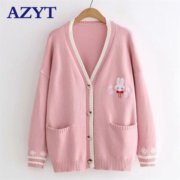 Azyt dos desenhos animados Bordado Bordado Cardigan Cardigan Coreano Chique Solto Feminino Knitshirt V Neck Jacket Mulheres 211018