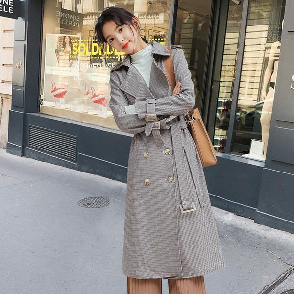 

women's trench coats windbreaker printed overcoat korean fashion lapel double-breasted cotton high-rise wild mid-length coat 2021 z461, Tan;black