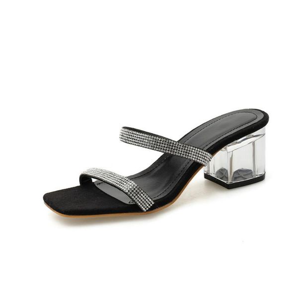 

women's shoes 2021 rhinestones decorate slippers style lady sandals with open toe thick heel high crystal clear, Black