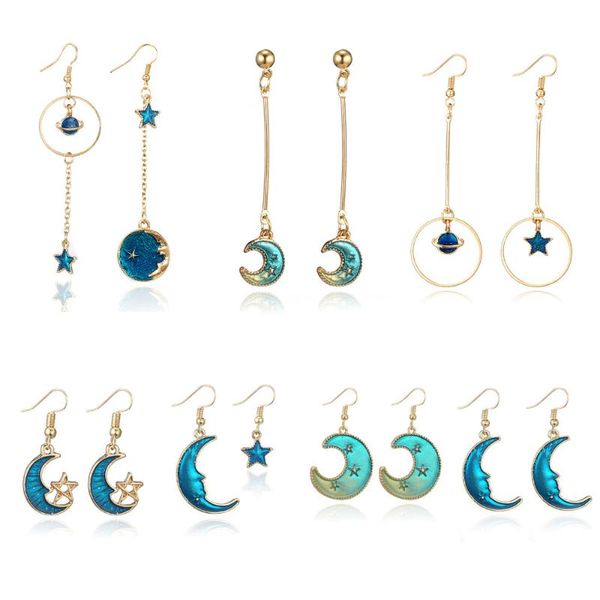 

dangle & chandelier 2021 creative blue universe asymmetric earrings for girl ear accessories cute moon star drop pendientes tassel brincos, Silver