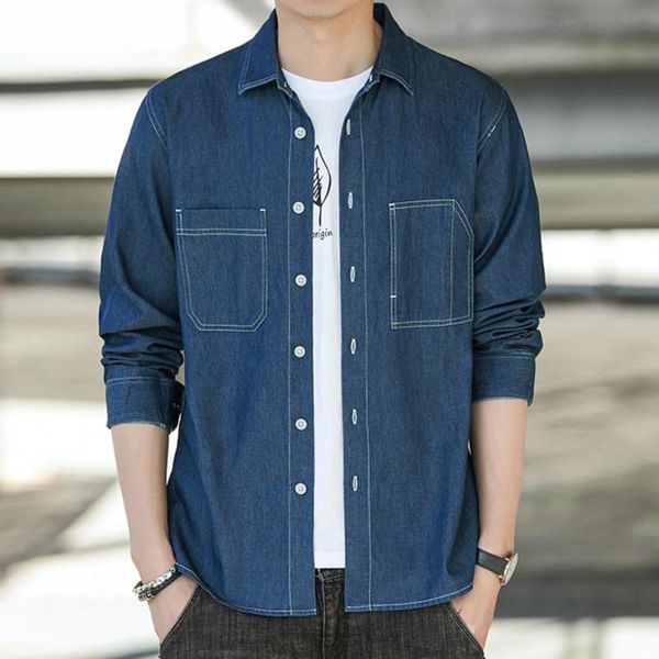 

men's casual shirts slim fit men's dress shirt long sleeve button down cotton jean work blue denim streetwear two pocket lightweigh, White;black