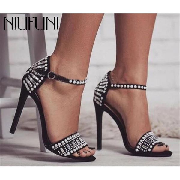 

sandals niufuni retro rhinestone pearl peep toe buckle gladiator stiletto high heels women shoes suede party black beige