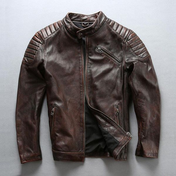 

men's leather & faux genuine jacket for man, short coat with vintage cow leather, motorcycle in autumn and winter, Black