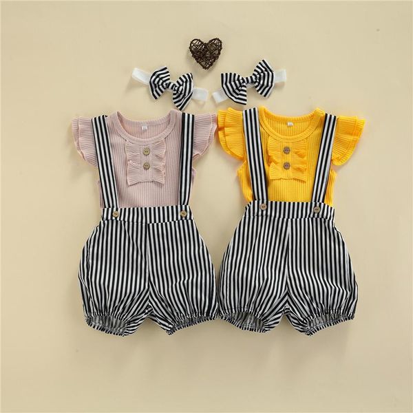 

clothing sets 3pcs toddler summer outfit solid color ruffled sleeves romper + stripes suspender shorts headband for baby girls 0-24 months, White