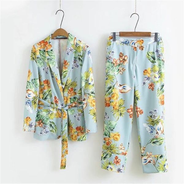 

women's two piece pants autumn print blazer set women v-neck with sash suit jacket long sleeves blazers outfits female, White