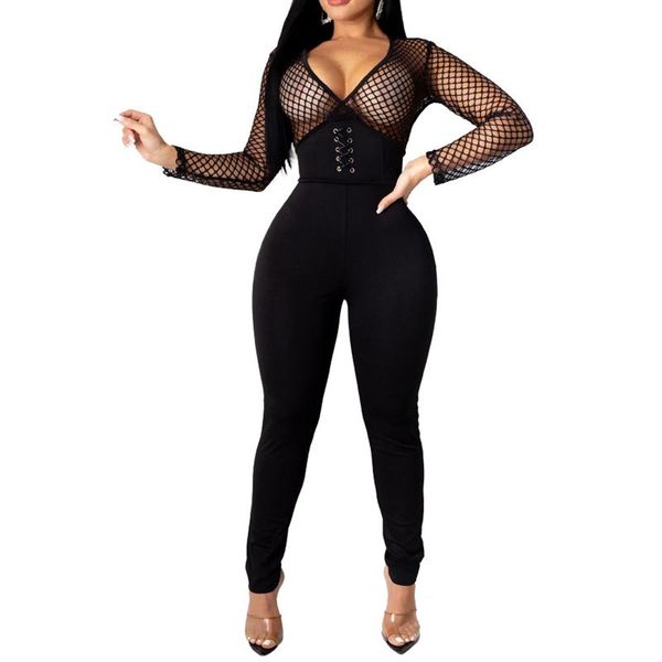 

gym clothing women's fall romper wrapped jumpsuit elastic v collar long sleeve mesh hollow-out high waist jogger trousers, White;black