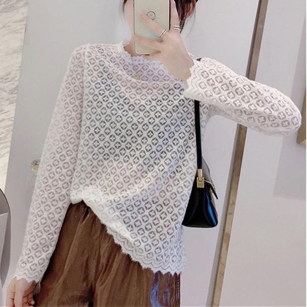 

women's t-shirt hzirip lace sweet brief chic basic women 2021 full sleeves elastic female houndstooth cashmere, White