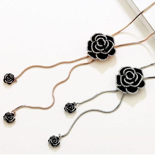 

pendant necklaces luxury camellia long sweater chain necklace female retro flower clothing accessories for women, Silver