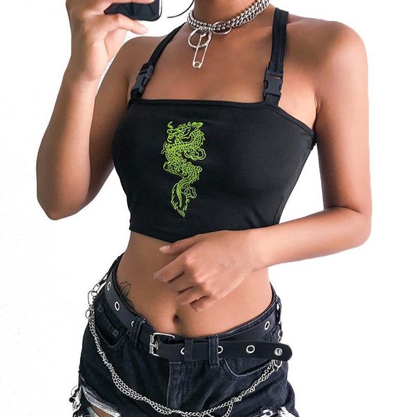 

fashion womens tank crop women dragon embroidery buckle criss cross short festival punk hip hop black strap bandage, White