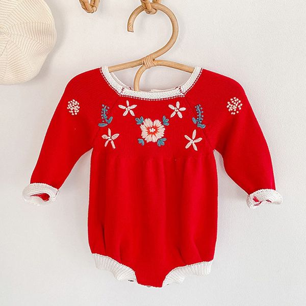 

0-2yrs infant baby girls embroider knit rompers clothing autumn winter kids girl long sleeve rompers clothes, White