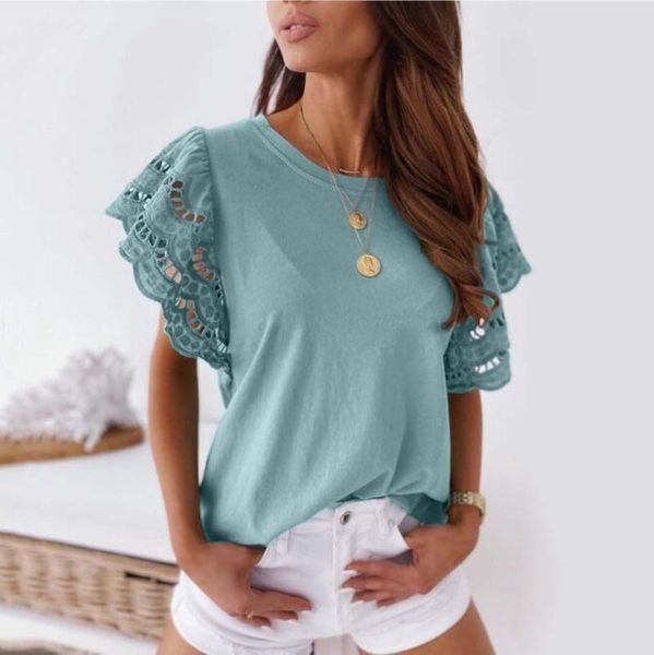 

women's t-shirt lace hollow out tshirts casual shirts solid short sleeve elegant t o-neck chic for women blusas mujer, White