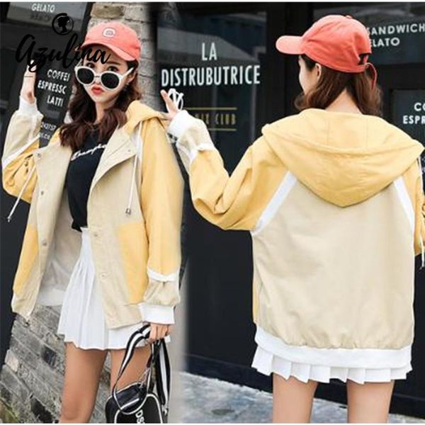 

women's jackets azulina autumn jacket women hooded long sleeve color blocking pocket buttons loose coat single breasted outerwear, Black;brown