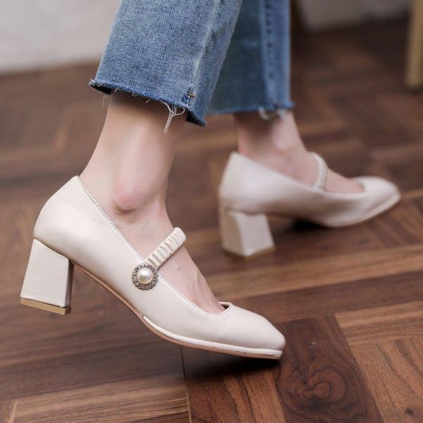 

dress shoes block heels for women pumps 2021 lolita square toe shallow mouth slip on lace-up sandals footwear chunky latest mary, Black
