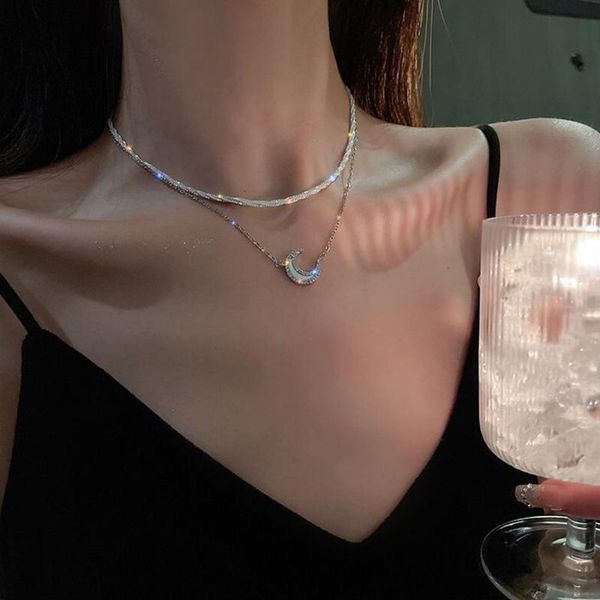 

chokers 2 pcs moon necklace set for women zircon inlaid light luxury double clavicle chain fashion jewelry, Golden;silver