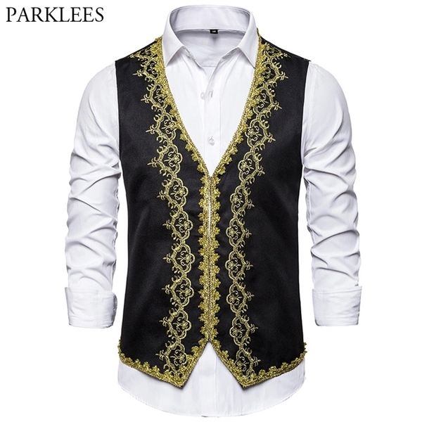 

black vest men gold embroidery baroque mens vest dresses vest wedding vests men luxury waistcoat men gilet homme costume 210524, Black;white