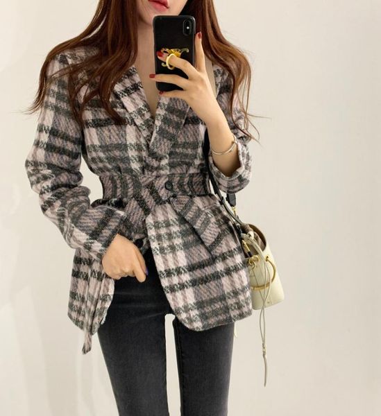 

women's suits & blazers women slim plaid belted 2021 woolen fleece thick autumn winter single-breasted female jackets stylish blazer wb, White;black