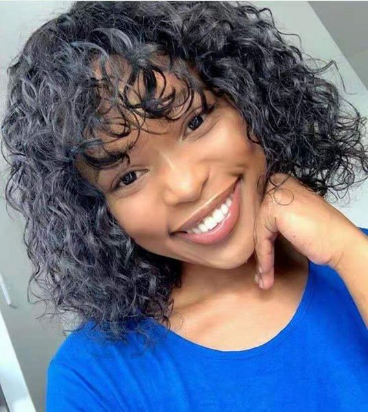 150 Density Scalp Top Curl Volle maschinell hergestellte Echthaarperücken mit Pony Remy Brasilianische kurze lockige Perücke für Frauen