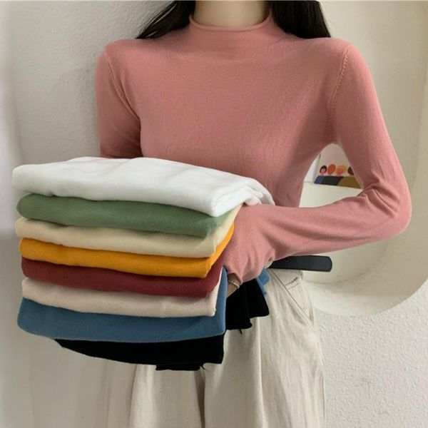 

women's sweaters 2021 autumn knitted high turtleneck pullover women solid color korean stylish elastic long sleeve female, White;black