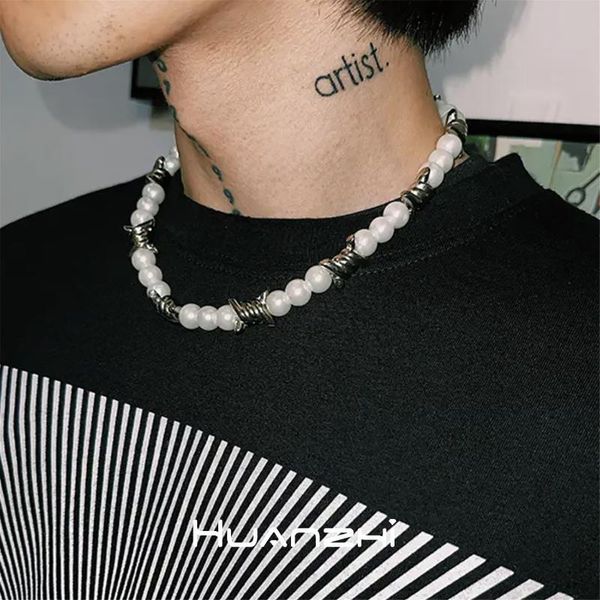 

chains huanzhi 2021 punk hip hop thorns imitation pearl volcano stone white beaded necklace bracelet for women couple jewelry, Silver