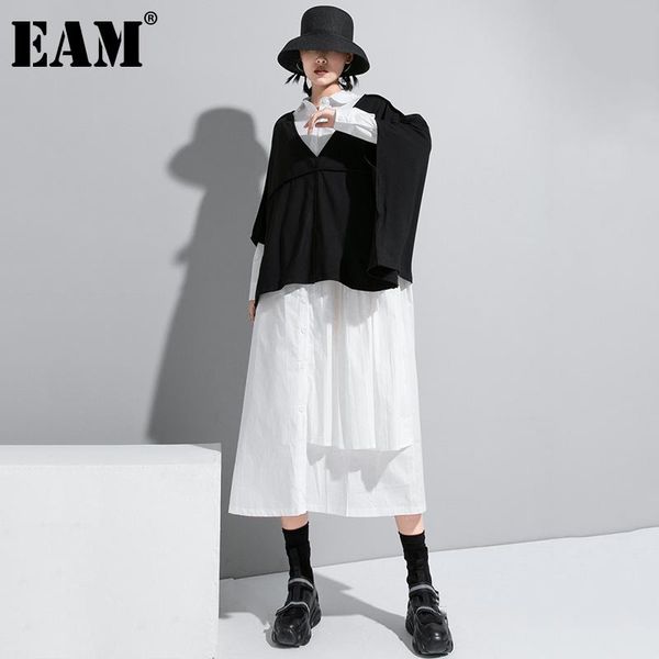

casual dresses [eam] women white black pleated long big size dress lapel sleeve loose fit fashion tide spring autumn 2021 1dc673, Black;gray