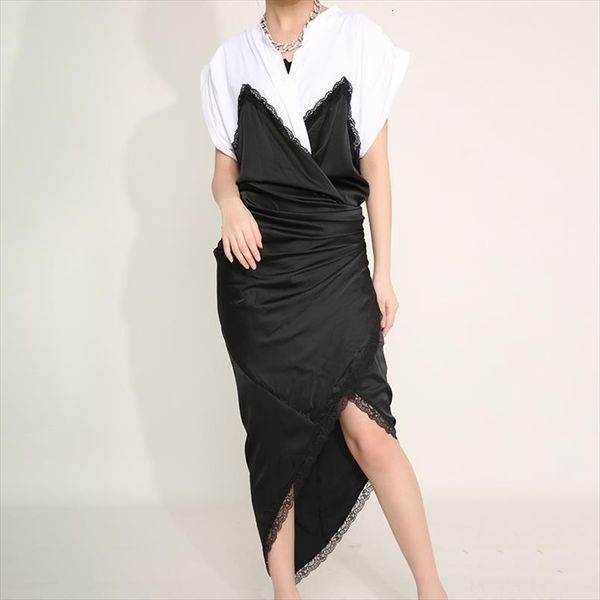

[eam] blue irregular split womens tank joint temparment dress v neck short sleeve loose fit fashion tide spring summer 1u315, White