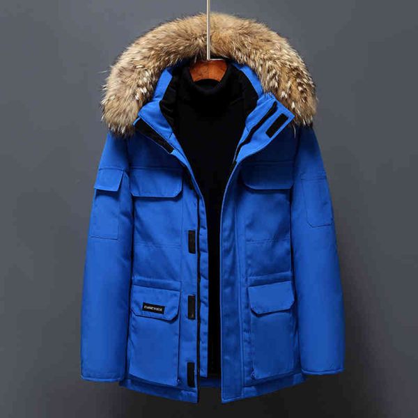 

-30 degree men's winter et warm hooded white duck down anorak men parka mid long detachable fur collar coat ets, Black;white