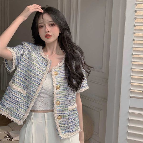 

tweed summer short sleeve women coat elegant causal cardigan jacket korean single breasted outwear 210526, Black;brown