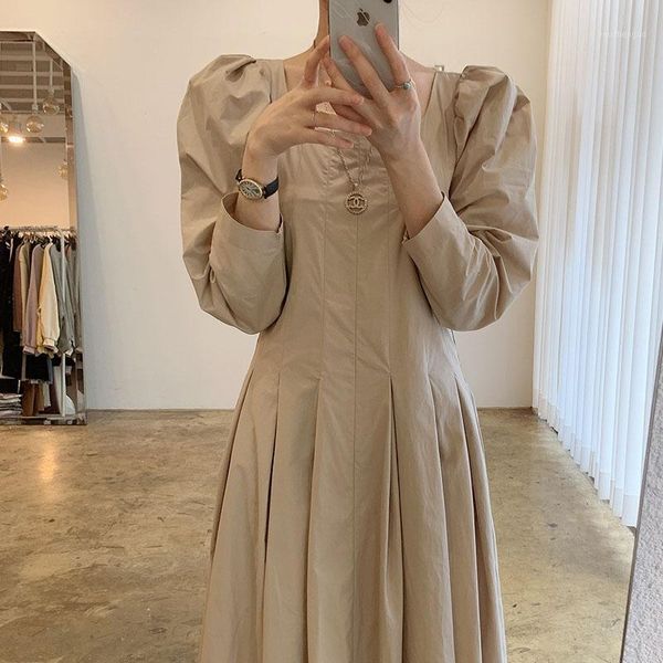 

casual dresses 2021 autumn korean one-piece fashion ladies dress french elegant square collar pleated a-line waist midi, Black;gray