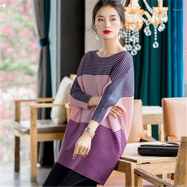

miyake fold plus size women's striped printing fat mm fashion t shirt spring 2021 loose belly t-shirt women, White