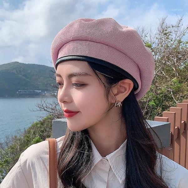 

beret hat spring summer for women breathable mesh octagonal cap lady solid plain artist painter berets, Blue;gray