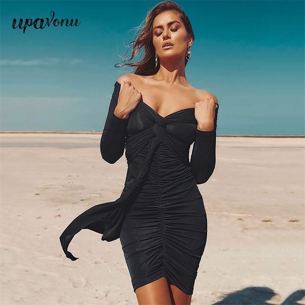 

women's black draped dress v-neck long sleeve bodycon club evening party mini es vestidos 210524, Black;gray
