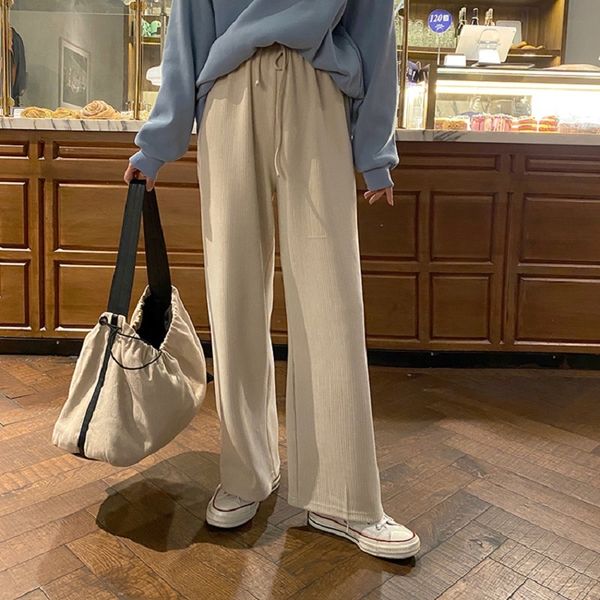 

3 colors korean style soild color wide leg trouser female casual high elastic waist thick long pants womens (f4153) 210423, Black;white