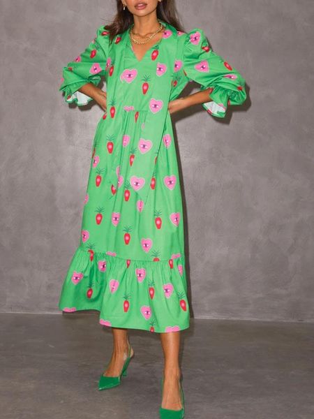 

casual dresses 2021 autumn temperament sweet women's contrast color floral print fold bow decoration lantern sleeve long dress, Black;gray