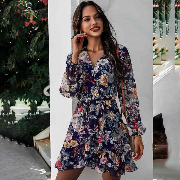 

spring ruffles v-neck chiffon floral print dress women summer boho casual long sleeve female a-line mini dress party vestido 210416, Black;gray