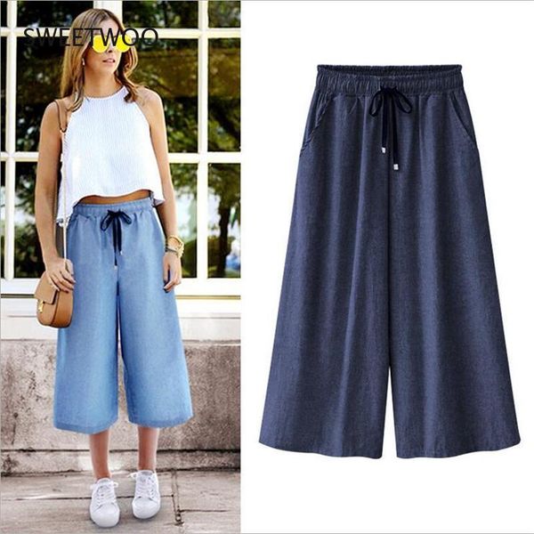 

women's pants & capris summer fashion large size wide leg jeans cropped elastic waist loose casual ankle, Black;white