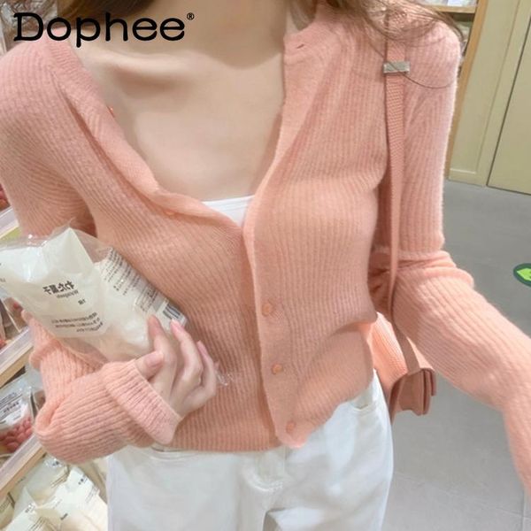 

women's knits & tees gentle solid colour knitted cardigan coat for women 2021 early spring short fashion knitwear thin long-sleeved swe, White