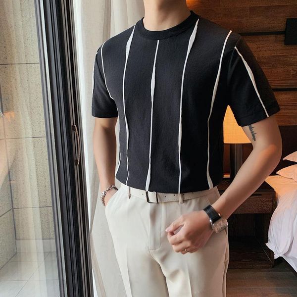 

men's t-shirts summer short sleeve sweater light ripe stripe british trend slim round neck ice silk fashion t-shirt, White;black