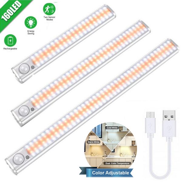 Luci a LED per armadio con sensore di movimento PIR Luce notturna Lampada per guardaroba con oscuramento continuo ricaricabile tramite USB per retroilluminazione dell'armadio della camera da letto della cucina