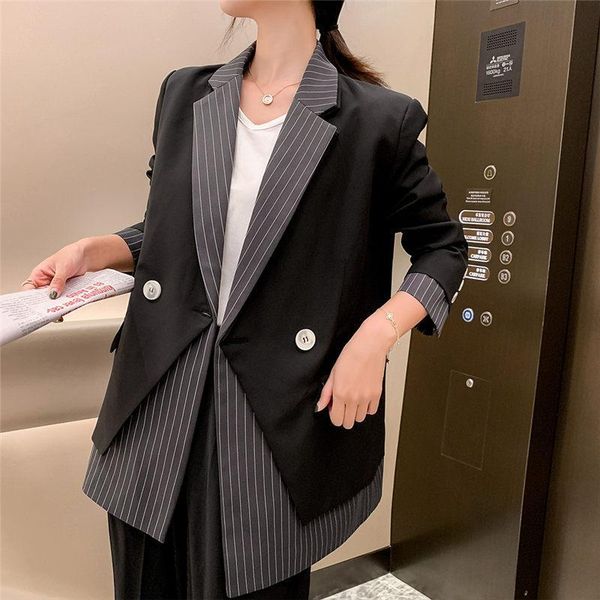 

Women's Suits & Blazers Black Design Striped Stitching Suit Jacket Female Temperament Korean Style Loose Spring and Autumn Blazer Women, White;black