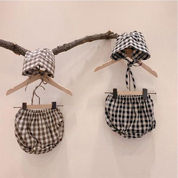 

born baby girl clothes sets for boys plaid bloomers+hat summer 2pcs outfits linen shorts suit korean, Black