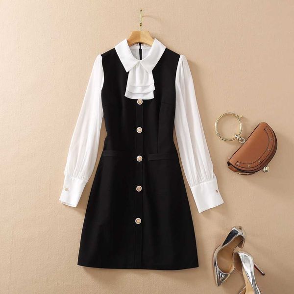 

spring bow collar color block buttons dress 210526, Black;gray